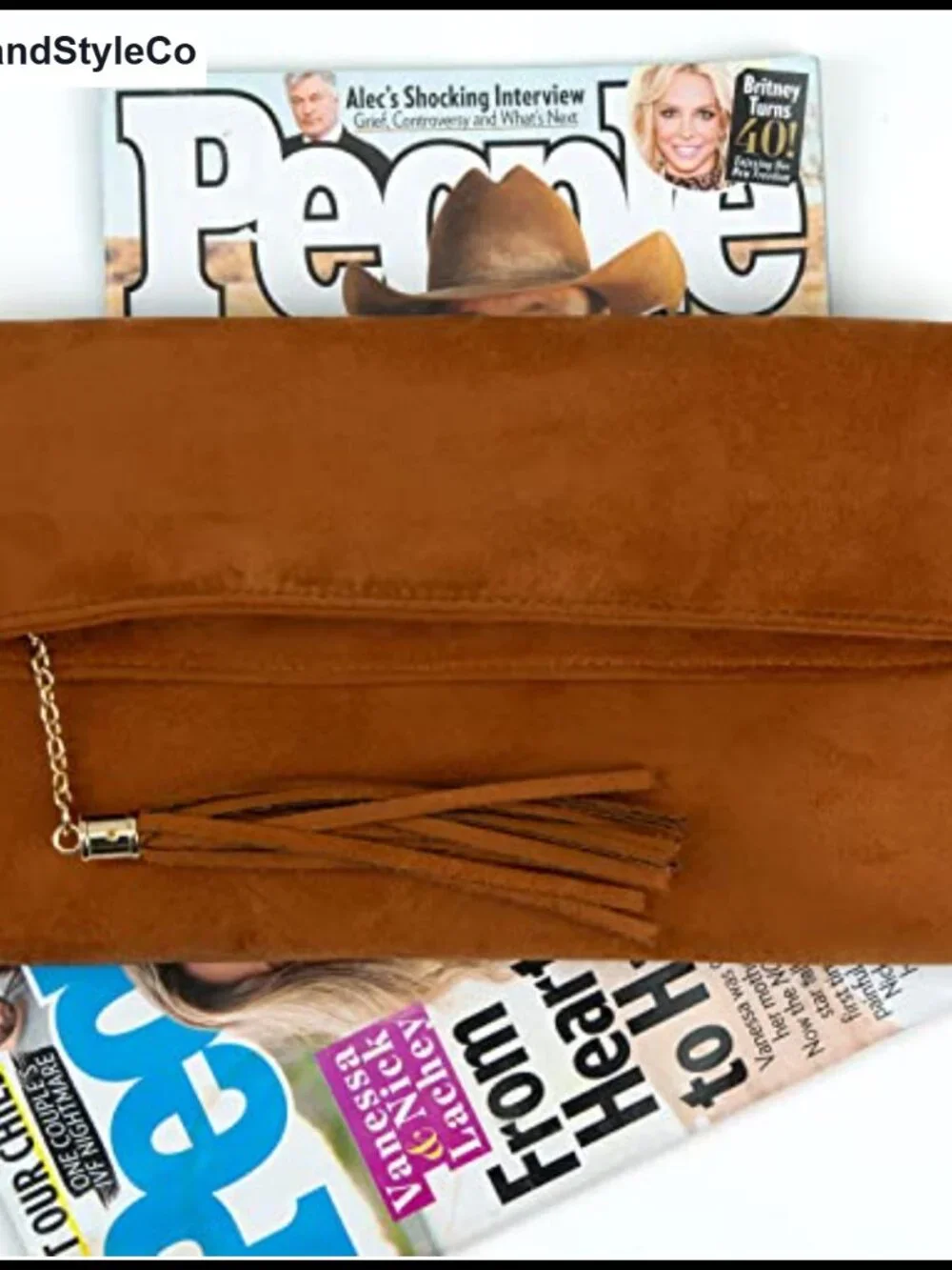 Faux Micro Suede Fold Over Clutch with Chain Strap